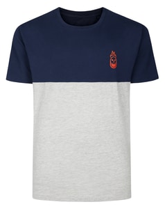 Bigdude Flaming Skull Cut And Sew T-Shirt Navy Light Grey Marl
